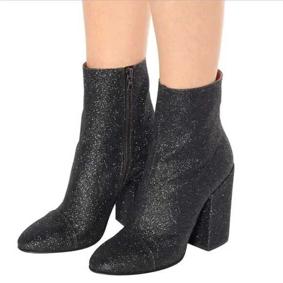 Dries Van Noten Black Glitter Block Heel Side-zip‎ Designer Bootie Boots Sz 9.5